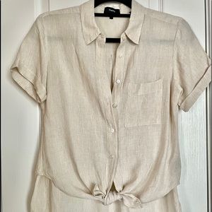 Theory natural linen tie front shirt S